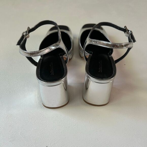 Reformation Silver Metallic Platform Block Heels Size 7 | Square Toe Party Shoes - Picture 5 of 7